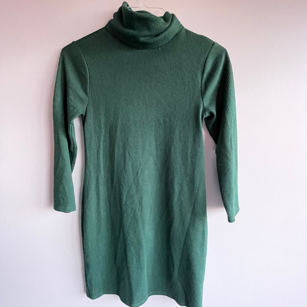 Green Ribbed Turtleneck Dress